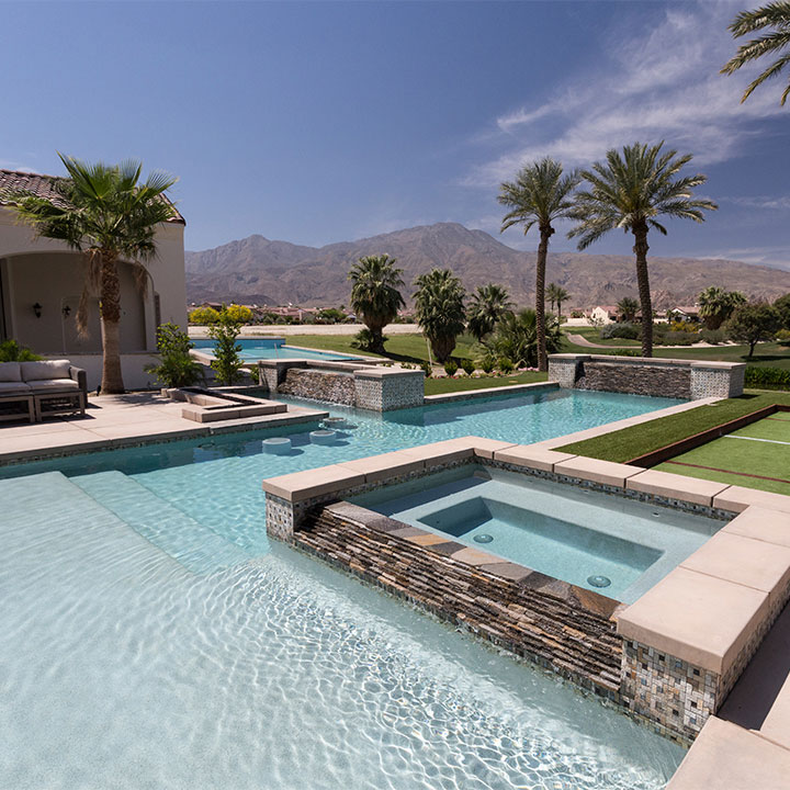 Standalone Spa | cascading waterfall | Swimming Pool Built-In Bar Stools